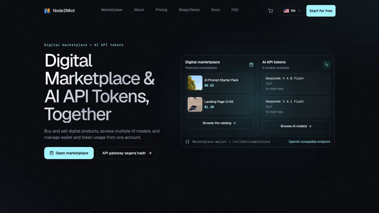 Preview website Node2Mint.com — marketplace AI API multi-model